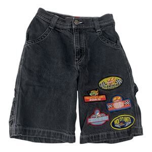 Flamehead Jnco boys size 12 Black Denim Shorts racing patches y2k baggy
